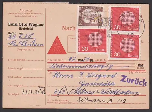 Bielefeld Nachnahme-Karte mit "zurück"-Vermerk 1968, 20 Pf(3) EUROPA Cept, MWSt.