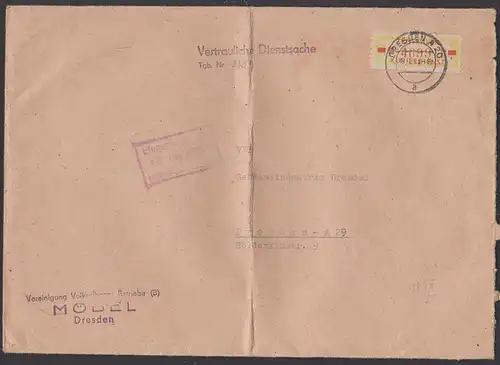 DRESDEN A20, ZKD-Brief B18IIM 1959 Orts-Brief VVB Möbel, Bf gefaltet, St. Vertrauliche Dienstsache Tagebuch.-Nr.