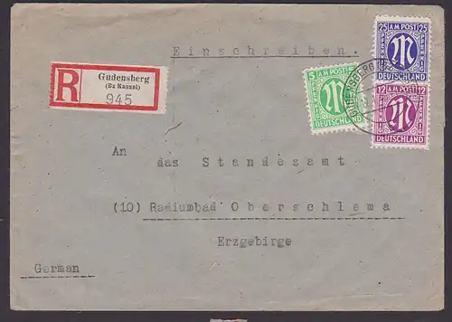 Gudensbreg (Bz Kassel) Germany R-Bf, AMP vom 12.1.46 25 Pf, amerikanischer Druck portogenau nach Radiumbad Oberschlema