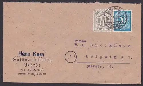 Osterode (Harz) Bf, 4 Pf AMP vom 28.9.46 in MiF mit 20 Pf Ziffern, Abs. Gutsverwaltung Uehrde