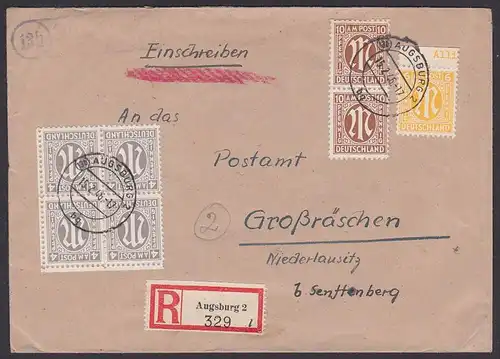 Straßberg bei Augsburg R-Fern-Bf, 4 Pf(4) AMP vom 15.2.46 in MiF mit Poststellenstempel 13b, nach Großräschen Postamt