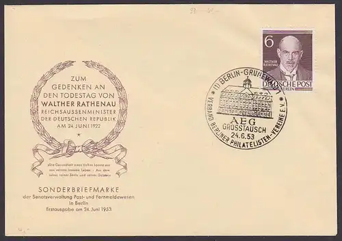 Walther Rathenau Berlin-West 93 FDC, SoSt. Berlin-Grunewald AEG Grosstausch