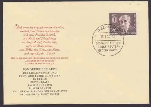 Ernst Reuter Berlin-West 115 FDC, SoSt. Berlin W35, Ernst-Reuter-Gedenkmarke 1954