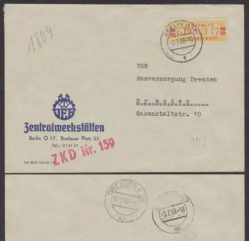 DDR BERLIN O17, ZKD B19IL Fernbrief ZKD-Nr. 159, VEB Zentralwerkstätten 2.7.58