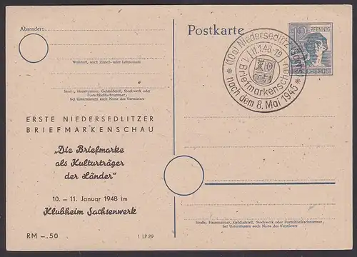 Kleubheim Sachsenwerk Niedersedlitz (Sachsen) Privat-Ganzsache 1948 Einheitsausgabe 1. Briefmarkenschau