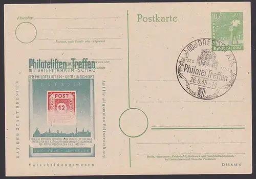 Privat-Ganzsache 1948 Dresden Philatelisten-Treffen, Zwinger Wappen, EA 10 Pf