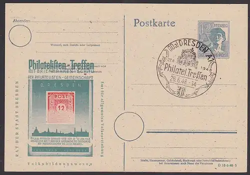 EA Privat-Ganzsache 1948 Dresden Philatelisten-Treffen, Zwinger Stadtwappen Potschta