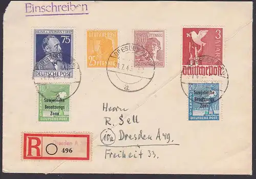 DRESDEN 1948 SBZ Zehnfach-Frankatur auf R-Brief als Ortsbrief, portogenau MiF SBZ und EA, dabei 3 M Taube