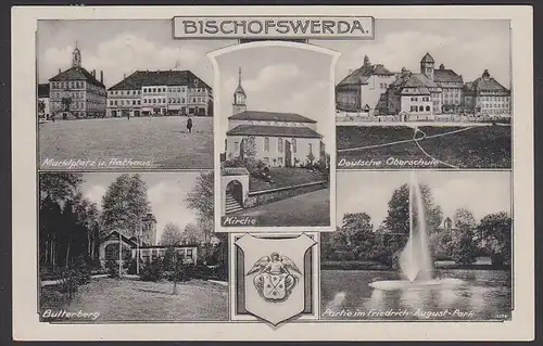Bischofswerda 6-Ansichten 1951 Butterberg Kirche Wappen Friedrich-August-Park Deutsche Oberschule