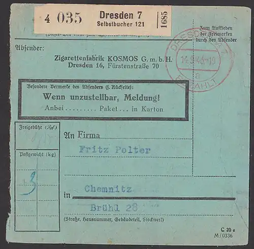cigarette Paketkarte von Selbstbucher Dresden Zigarettenfabrik KOSMOS smoker, "Dresden A7 BEZAHLT" in rot 1943