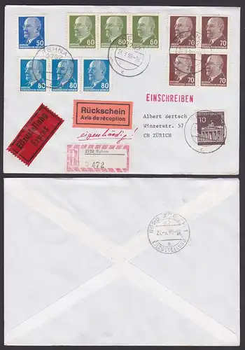 Rehna DDR R-Eil-Brief mit Rüsckschein nach der Zürich Schweiz mit 80 Pf(3) Walter Ulbricht u.a. MiF Brandenburger Tor