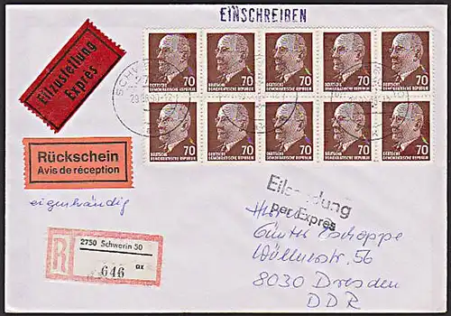 DDR 938(10) 70 Pf. Walter Ulbricht Ex-R-Rs-Bf und eigenhändig, portorichtig Gemany East