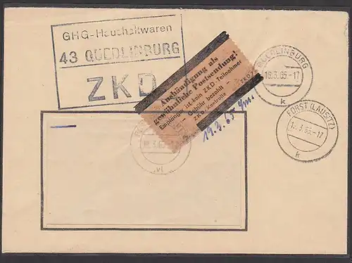DDR Kontrolle ZKD 7 braun 'Aushändigung gewöhnliche Postsendung' Qudlinburg KSt. in schwarz, 16.3.65