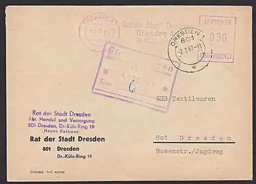 Germany East DDR ZKD Brief AFS =030= DRESDEN Rat der Stadt, Handel und Versorgung 2.3.67
