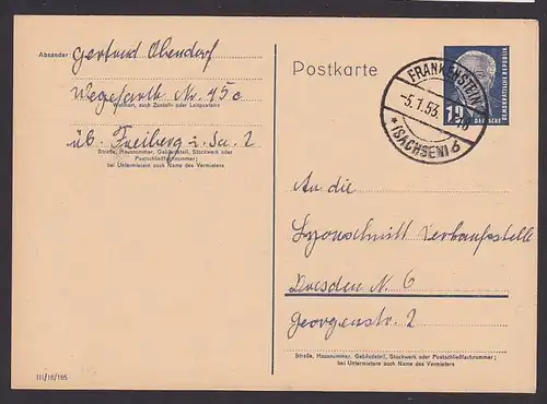Germany east  GA P50 /03 Frankenstein (Sachsen) Stempel Wilhelm Pieck 1. Präsident der DDR