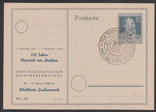 Privat-Ganzsache 1948 Niedersedlitz Dresden Sachsenwerk Einheitsausgabe "117 Jahre Heinrich von Stephan"
