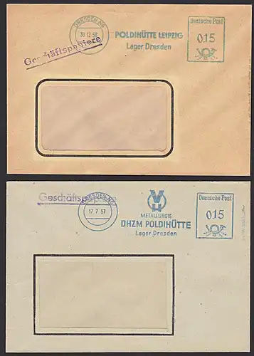 DRESDEN N6 Poldihütte Leipzig, Lager Dresden 2 versch. Werbeteile Dienstpost 1957, 1958