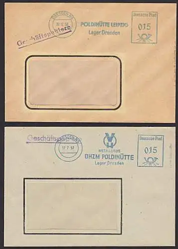 DRESDEN N6 Poldihütte Leipzig, Lager Dresden 2 versch. Werbeteile Dienstpost 1957, 1958