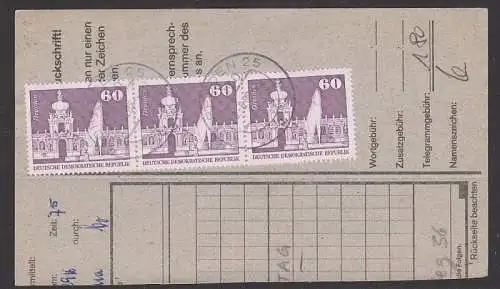 Telegramm Abschnitt mit 60 Pf Zwinger Dresden gest. DRESDEN 28.6.87, DDR 1919(3), rs mit Dv