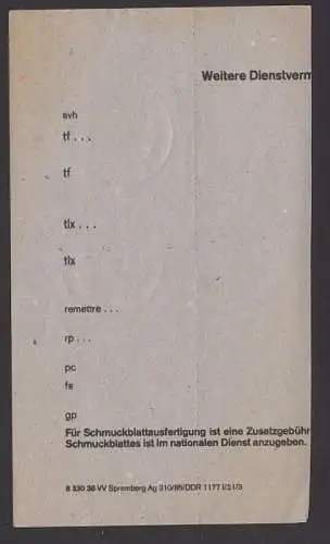 Telegramm Abschnitt mit 60 Pf Zwinger Dresden gest. DRESDEN 28.6.87, DDR 1919(3), rs mit Dv