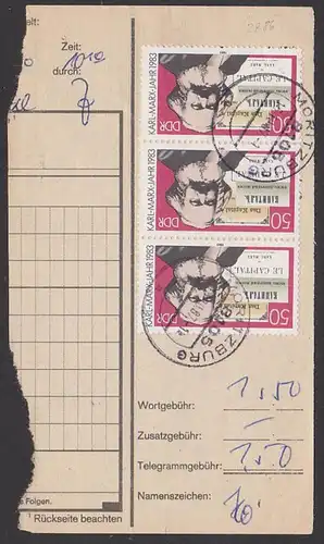 Telegramm Abschnitt mit 50 Pf Karl Marx, le capital, Das Kapital gest. Moritzburg, DDR 2786(3), rs. Druckvermerk
