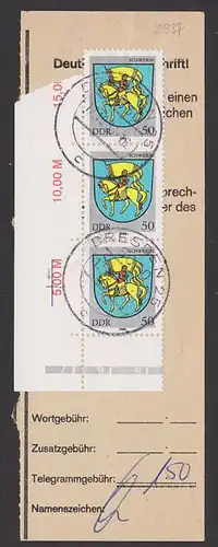 Heraldik Telegramm Abschnitt mit 50 Pf Wappen Schwerin gest. Eckrandstück DDR 2937(3)