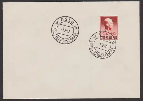 Norge Norwegen 266 Oslo FDC 20+30 Zuschlagsmarke mit rotem Aufdruck 1.2.1942