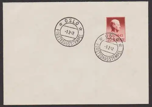 Norge Norwegen 266 Oslo FDC 20+30 Zuschlagsmarke mit rotem Aufdruck 1.2.1942