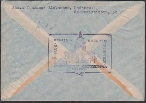 Deutsche Lufthansa Inlandsverkehr Erstflug Berlin Dresden 1957, Germany east, Zwinger Kronentor Best.-Stempel