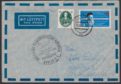 Deutsche Lufthansa Inlandsverkehr Erstflug Berlin Dresden 1957, Germany east, Zwinger Kronentor Best.-Stempel, Dunant