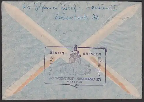 Deutsche Lufthansa Inlandsverkehr Erstflug Berlin Dresden 1957, Germany east, Zwinger Kronentor Best.-Stempel, Dunant