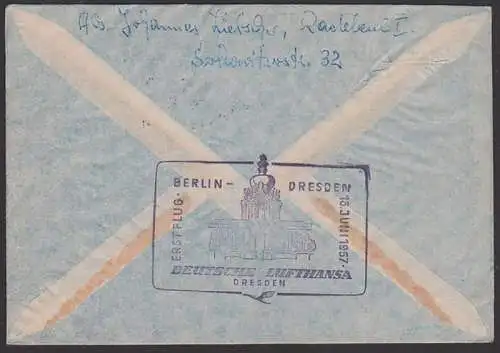 Deutsche Lufthansa Inlandsverkehr Erstflug Berlin Dresden 1957, Germany east, Zwinger Kronentor Best.-Stempel, Dunant