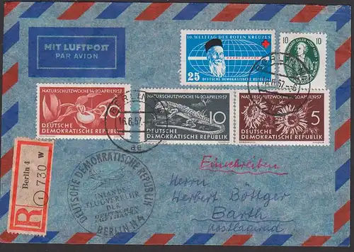 Deutsche Lufthansa Inlandsverkehr Erstflug Berlin Barth 1957, Germany east, Ostsee Hidensee, R-Brief, Salamander