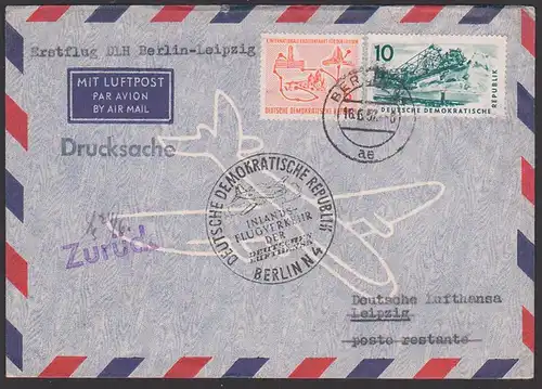 Deutsche Lufthansa Inlandsverkehr Erstflug Berlin Leipzig 1957, Germany east, Alte Rathaus, mit "zurück"-St., Abraumbagg
