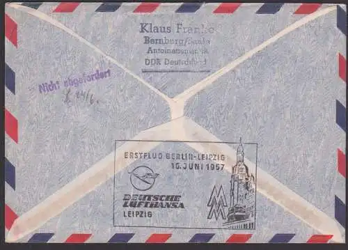 Deutsche Lufthansa Inlandsverkehr Erstflug Berlin Leipzig 1957, Germany east, Alte Rathaus, mit "zurück"-St., Abraumbagg