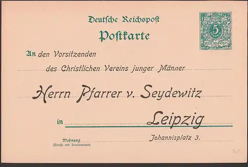Leipzig Christlicher Verein junger Männer, Postkarte mit priv. Zudruck Pfarrer v. Seydewitz, DR P36I ungebraucht