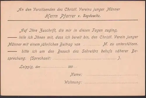 Leipzig Christlicher Verein junger Männer, Postkarte mit priv. Zudruck Pfarrer v. Seydewitz, DR P36I ungebraucht