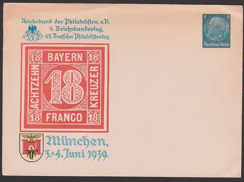 Gemany 4 Pf. Hindenburg Ganzsache Umschlag ungebraucht Reichsbund der Philatelisten München 1939
