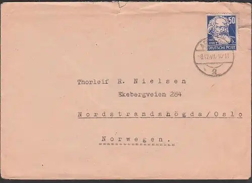 SBZ 224, 50 Pf. Karl Marx portogenau, Auslandsbrief 8.12.49, Apolda nach Nordstrandshögda / Osla, Köpfe I