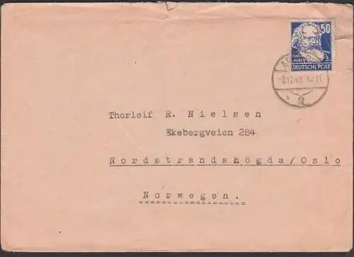 SBZ 224, 50 Pf. Karl Marx portogenau, Auslandsbrief 8.12.49, Apolda nach Nordstrandshögda / Osla, Köpfe I