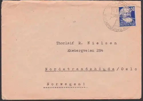SBZ 224, 50 Pf. Karl Marx portogenau, Auslandsbrief, SoSt. APOLDA Glocken, nach Nordstrandshögda / Osla, Köpfe I