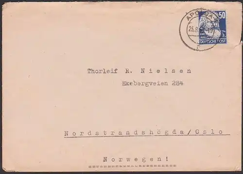 SBZ 224, 50 Pf. Karl Marx portogenau, Auslandsbrief, APOLDA, nach Nordstrandshögda / Osla Norwegen, Köpfe I