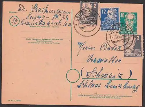 SBZ 10 Pf Ganzsache August Bebel mit Zusatzfrankatur für Ausland Leipzig nach Schloss Lenzburg Schweiz, 7.11.49