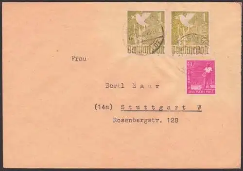 SBZ Fernbrief mit Zehnfach-Frankatur aus Dresden 12.7.48 nach Stuttgart 1 M(2) Taube und 40 Pf, Marken blass