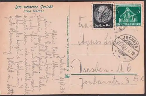 Jocketa Vogtland "Das steinerne Gesicht" 1936 mit DR 618 frankiert und 1 Pf Hindenburg