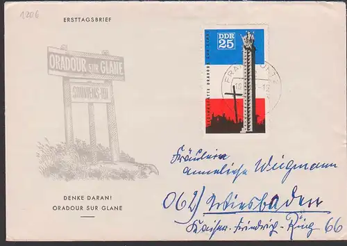 Auslandsbrief 35 Pf Gedenkstätte Oradour sur Glane DDR 1206 nach Wiesbaden aus Frankfurt auf pass. Schmuckbrief