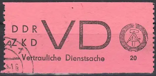 Zentraler Kurierdienst Aufkleber VD Vertrauliche Dienstsache gest. mit Plattenfehler (DDR D2II 500,-)