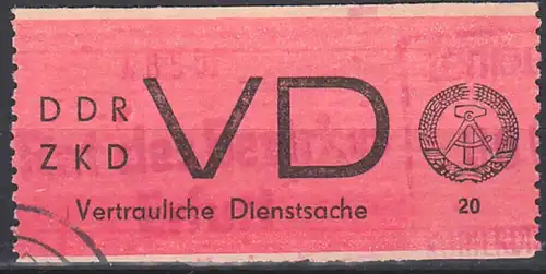 Zentraler Kurierdienst Aufkleber VD Vertrauliche Dienstsache gest. mit Plattenfehler (DDR D1)