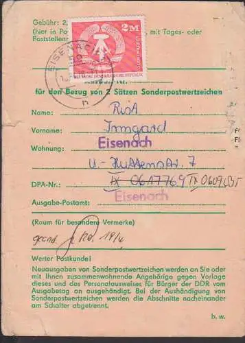 Sammlerausweis der DDR Stammteil in grün Formular, 2 M Freimarke großes Format Einzelfrankatur EISENACH