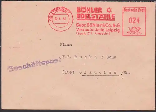 AFS =DP 024= 22.6.50 LEIPZIG C1, Böhler Edelstähle - Geschäftspost nach Glauchau